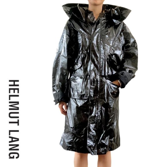 helmut lang trash bag vinyl huge detachable hood black rain coat free size - Picture 1 of 2